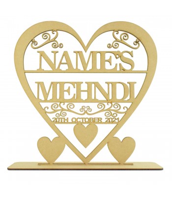Laser Cut 3mm  Large Personalised Heart with swirl detail on a stand - Name's Mehndi with Date
