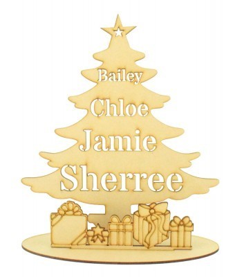 Laser Cut Personalised Stencil Tree with Presents in a Stand
