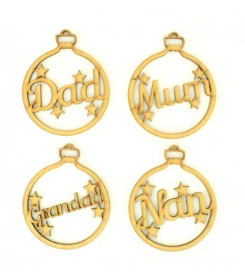 Laser Cut Family Name with stars Christmas Bauble - Mum, Dad, Nan etc - 100mm Size