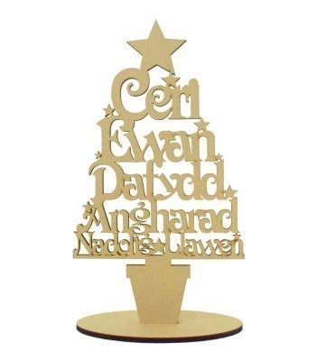 Laser Cut Personalised 'Nadolig Llawen' Welsh Family Christmas Tree on a stand