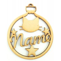 Laser Cut Personalised Pet Bauble - Name with Cat Head & Stars - 100mm Size