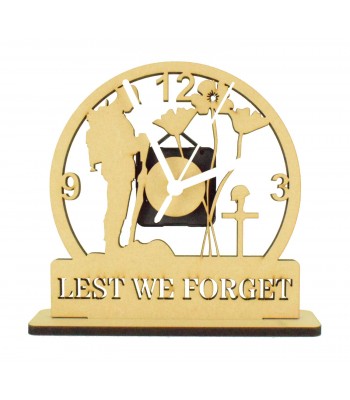 Laser Cut Mini 'Lest We Forget' Remembrance Clock on a Stand with Clock Mechanism - 6MM