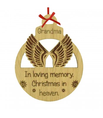 Laser Cut Personalised Oak Veneer Engraved Christmas Decoration - 'In loving memory. Christmas in heaven' Bauble