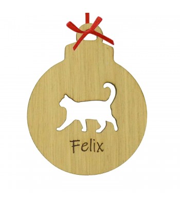 Laser Cut Personalised Oak Veneer Engraved Christmas Decoration - Cat Bauble
