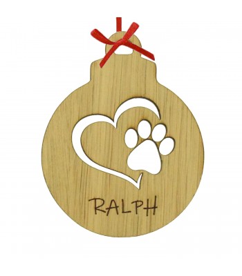 Laser Cut Personalised Oak Veneer Engraved Christmas Decoration - Pet Paw Print Heart Bauble