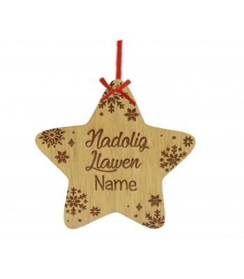 Laser Cut Personalised Oak Veneer Engraved Welsh Christmas Star Decoration - Nadolig Llawen