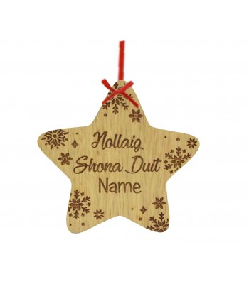 Laser Cut Personalised Oak Veneer Engraved Irish Christmas Star Decoration - Nollaig Shona Duit