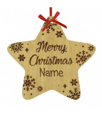 Laser Cut Personalised Oak Veneer Engraved Christmas Star Decoration - Merry Christmas