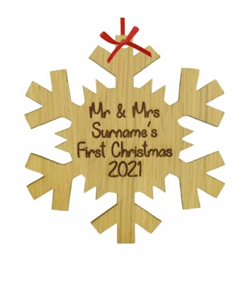 Laser Cut Personalised Oak Veneer Engraved House Christmas Decoration - 'Mr & Mrs First Christmas'