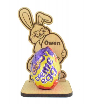 Laser Cut Oak Veneer Easter Bunny with Personalised Egg on a Creme Egg Holder Stand
