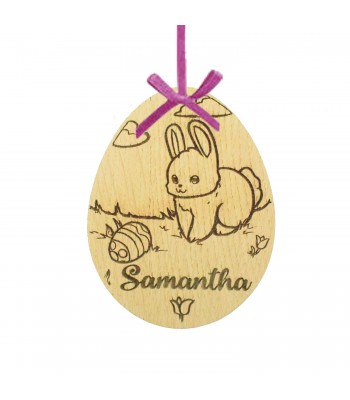 Laser Cut Personalised Oak Veneer Engraved Easter Egg Decoration/Tag - Cute Bunny with Egg Design