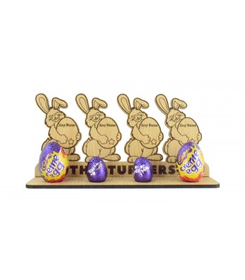 Laser Cut Oak Veneer Personalised Easter Bunny Family Holding Personalised Eggs on a Creme Egg Holder Stand