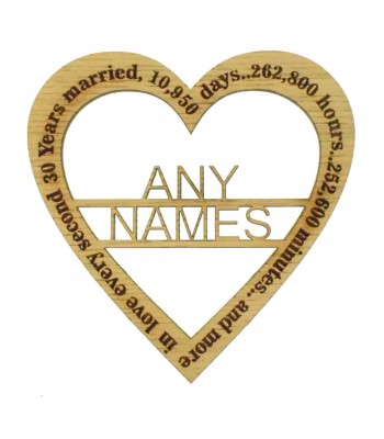 Laser Cut Oak Veneer Personalised 'Years. days. minutes... and more. in love every second' Wedding Anniversary Heart