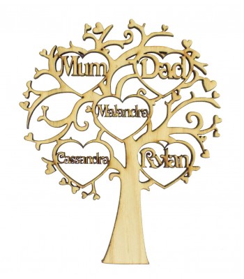 Laser Cut Oak Veneer Personalised Family Tree with Heart Frames with Names inside - 200mm Size