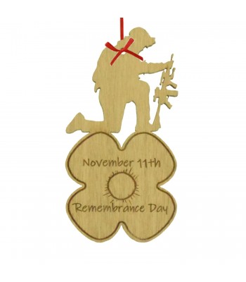 Laser Cut Oak Veneer Engraved 'November 11th Remembrance Day' Kneeling Soldier & Poppy Plaque