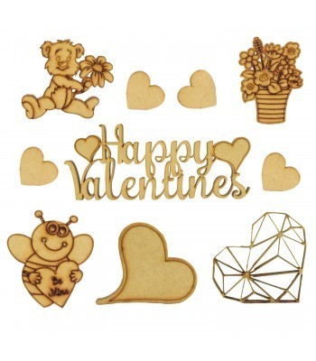 Laser Cut 3mm 'Happy Valentines Day' Wording With Love Themed Shapes To Fit Our Treat Boxes 