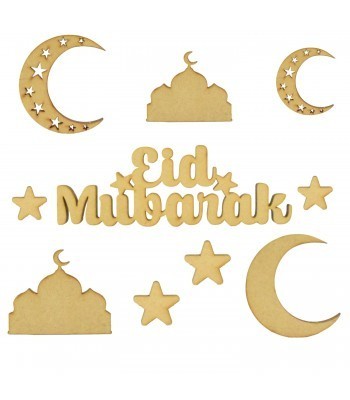 Laser Cut 3mm 'Eid Mubarak' Wording With Arabic Themed Shapes To Fit Our Treat Boxes 
