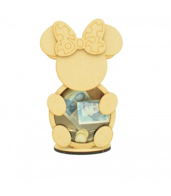 Personalised 18mm Re Fillable Money Box Drop Box - Laser Cut 3mm 3D Design On 6mm Stand - Girl Mouse Design