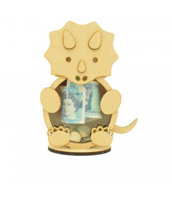 Personalised 18mm Re Fillable Money Box Drop Box - Laser Cut 3mm 3D Design On 6mm Stand - Dinosaur Design