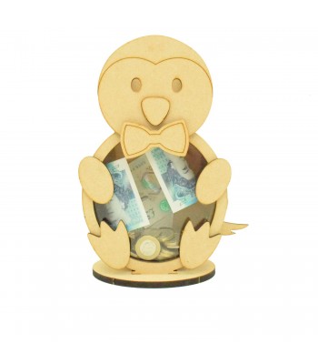 Personalised 18mm Re Fillable Money Box Drop Box - Laser Cut 3mm 3D Design On 6mm Stand - Penguin Design