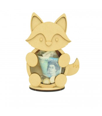 Personalised 18mm Re Fillable Money Box Drop Box - Laser Cut 3mm 3D Design On 6mm Stand - Fox Design