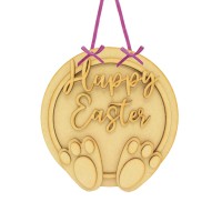 Laser Cut 3D Happy Easter Hanging Circle Plaque - Bunny Feet 