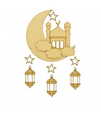 Laser Cut 3D Islamic Moon With Mosque Including Hanging Lantern and Star Shapes