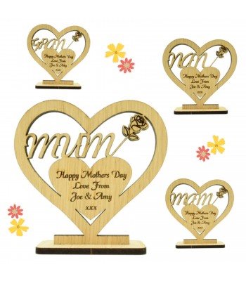 Laser Cut Personalised Oak Veneer 'Happy Mothers Day' Heart On Stand