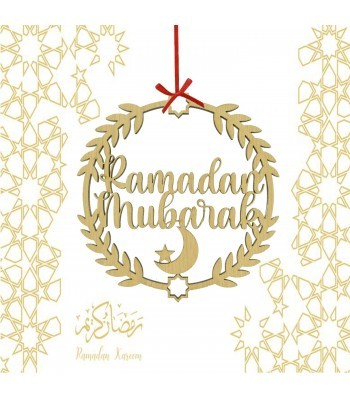 Laser Cut Oak Veneer 'Ramadan Mubarak' Wall Art Hoop With Leaf Moon And Star Design