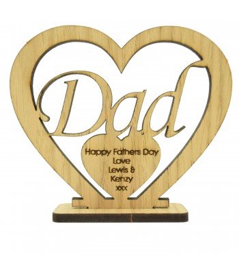 Laser Cut Personalised Oak Veneer Dad 'Happy Fathers Day' Heart On Stand