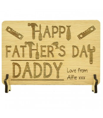 Laser Cut Oak Veneer Personalised 'Happy Fathers Day' Engraved Postcard with Star Stands - Builders Tools