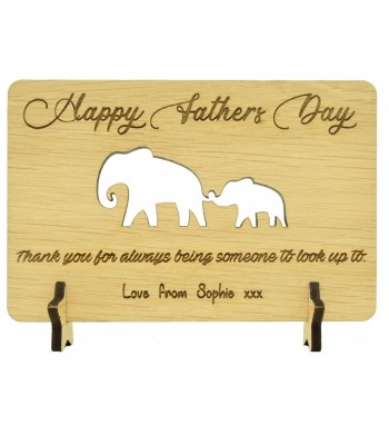 Laser Cut Oak Veneer Personalised 'Happy Fathers Day' Engraved Postcard with Star Stands - Elephants