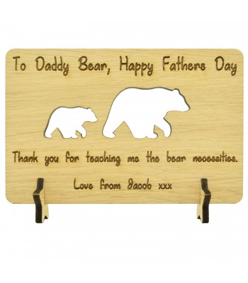 Laser Cut Oak Veneer Personalised 'To Daddy Bear, Happy Fathers Day' Engraved Postcard with Star Stands - Elephants