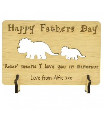 Laser Cut Oak Veneer Personalised 'Happy Fathers Day' Engraved Postcard with Star Stands - Dinosaurs