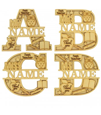 Laser Cut Personalised Themed Layered Letter with Title and Name - Teacher Themed - Size Options