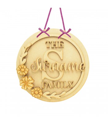 Laser Cut Personalised 3D The Surname Family Floral Hanging Plaque Plain Back Board