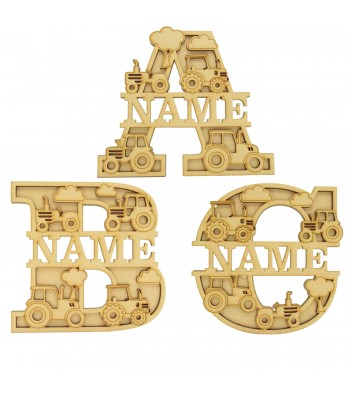 Laser Cut Personalised Themed Layered Letter with Name - Tractor Themed - Size Options