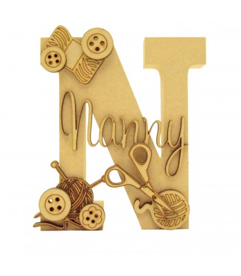 18mm Freestanding Letter With Seperate 3mm 3D Script Name And Themed Shapes - Knitting Theme