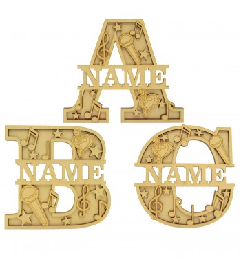 Laser Cut Personalised Themed Layered Letter with Name - Music Theme - Size Options