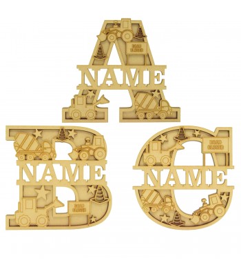 Laser Cut Personalised Themed Layered Letter with Name - Construction Theme - Size Options