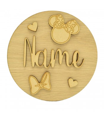 Laser Cut Oak Veneer Circle Plaque Personalised Name With Girl Mouse Shapes