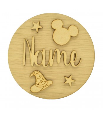 Laser Cut Oak Veneer Circle Plaque Personalised Name With Boy Mouse Shapes