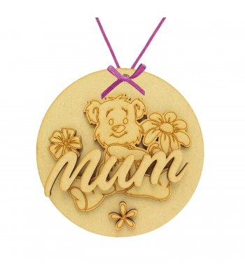 Laser Cut Mothers Day 3D Hanging Bauble - Teddy Bear With Flower Theme