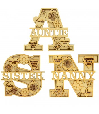 Laser Cut Personalised Themed Layered Letter with Name - Personalised Female Relation Themed - Size Options