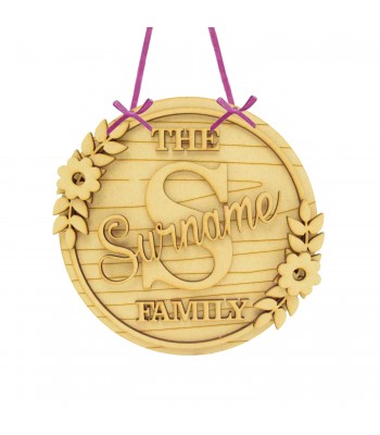 Laser Cut Personalised 3D The Surname Family Floral Hanging Plaque