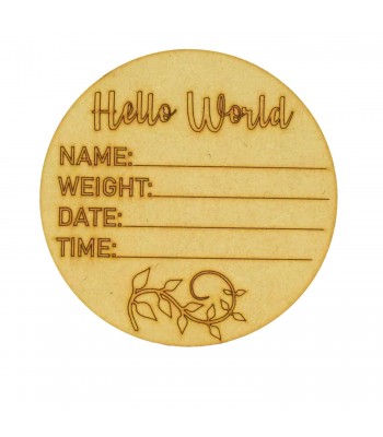 Laser Cut Baby Details Announcement 'Hello World' Mini Circle Plaque