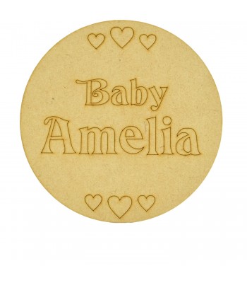 Laser Cut Personalised Baby Announcement Etched Wording With Hearts Mini Circle Plaque