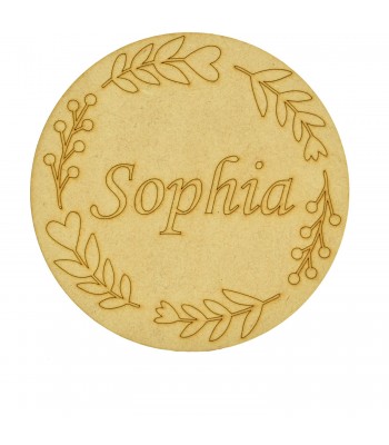 Laser Cut Personalised Baby Announcement Etched Wording With Leaf Border Mini Circle Plaque