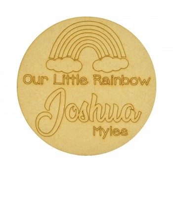 Laser Cut Personalised Rainbow Baby Announcement Etched Wording and Rainbow Mini Circle Plaque