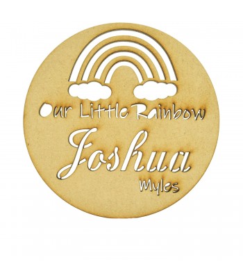 Laser Cut Personalised Rainbow Baby Announcement Stencil Cut Wording and Rainbow Mini Circle Plaque